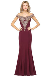 Vestido de noche estilo sirena con apliques dorados y hombros descubiertos, vestido de fiesta ajustado